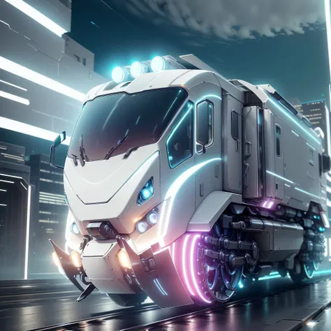 <lora:NeoFuturisticTech:1> neotech, sleek, a futuristic Electric Locomotive passing by a bustling city at night, ((emitting neon blue light)), with a sleek and aerodynamic design, reflecting the colorful lights of the cityscape below, ultra detailed, Hyper...