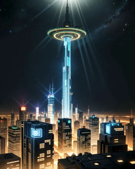 ((masterpiece), best quality, high quality, professional quality, highly detailed, highres, perfect lighting, natural lighting), bioluminescent, ultramodern metropolis, A world rich in exotic minerals and rare elements, attracting prospectors and miners fr...