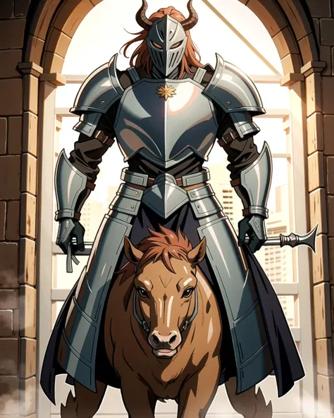 ((masterpiece), best quality, high quality, professional quality, highly detailed, highres, perfect lighting, natural lighting), knight, wearing armor, holding weapon, horseback, stallion, battle against minotaur