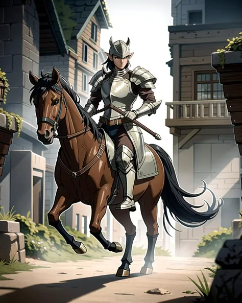 ((masterpiece), best quality, high quality, professional quality, highly detailed, highres, perfect lighting, natural lighting), knight, wearing armor, holding weapon, horseback, stallion, battle against goblins