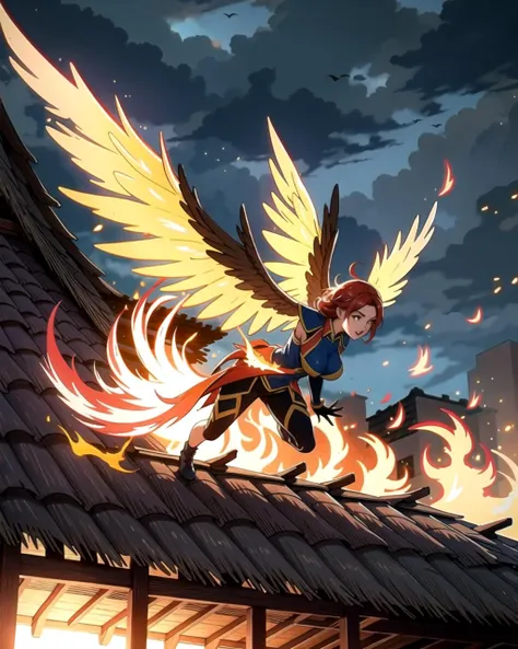 ((masterpiece), best quality, high quality, professional quality, highly detailed, highres, perfect lighting, natural lighting), phoenix, bursting into flames, taking flight from thatched roof