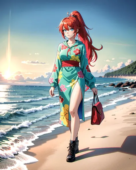 anime girl walking on the beach with a handbag and purse