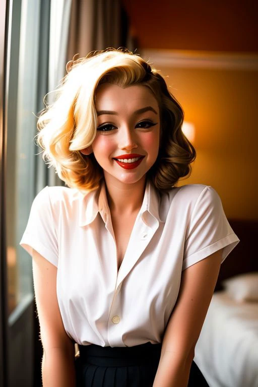 color photo of (marilmor_TI:0.99) Marilyn Monroe, (red lips, dark eyeliner, blush), smile, lips slightly parted, long curly blonde hair, wearing a blouse and skirt, full figured, curvy, large bosom, small waist, wide hips, thick thighs,
volumetric lighting...