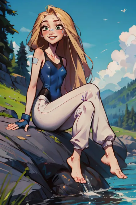 rapunzel, green eyes, long blonde hair,
blue leotard, white pants, sweatpants, bandaid on face, blue fingerless gloves, barefoot, looking at viewer, smiling, teeth, sitting, on rock, outside, forest, river, blue sky, high quality, masterpiece, <lora:maylen...