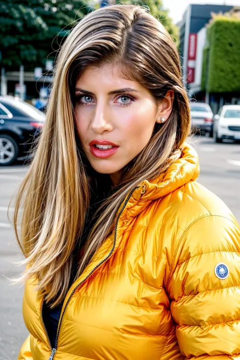 arafed woman in a yellow jacket standing in a parking lot