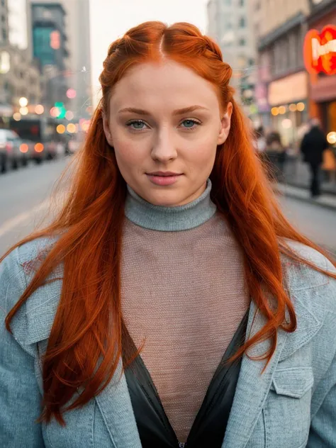 <lora:sptrn2-24:1> a photo of sptrn ,red hair, long braided hair, wearing turtleneck,full body, masterpiece, city street, neon lights,extreme dof,bokeh