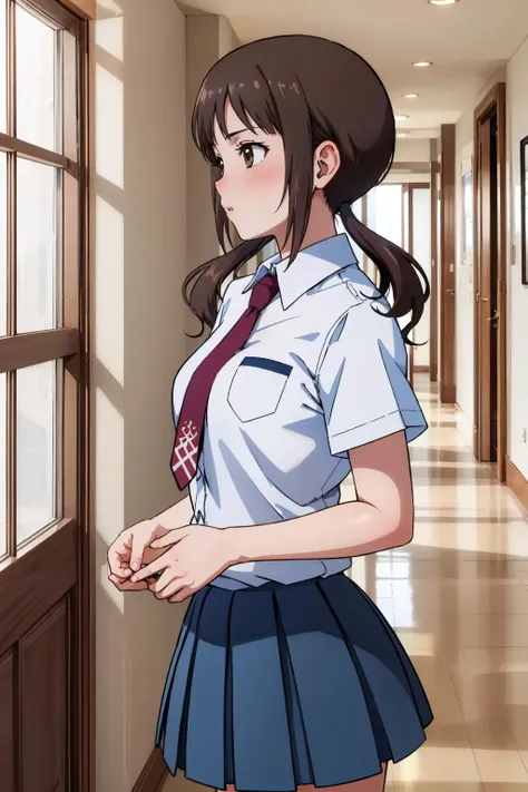 anime girl in school uniform standing in hallway with open door