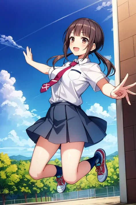 masterpiece, best quality, <lora:okitasawa-nvwls-v1-000009:0.9> okitasawa, low twintails, white shirt, short sleeves, red necktie, blue skirt, black socks, sneakers, jumping, raised arms, :D, sky, clouds, street