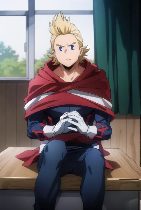 mirio, <lyco:mirio-lyco-nochekaiser:1>,
mirio, short hair, blonde hair, spiked hair,
BREAK gloves, boots, pants, cape, bodysuit, white footwear, red gloves, red cape, blue pants, superhero,
BREAK looking at viewer, upper body,
BREAK indoors, classroom,
BRE...