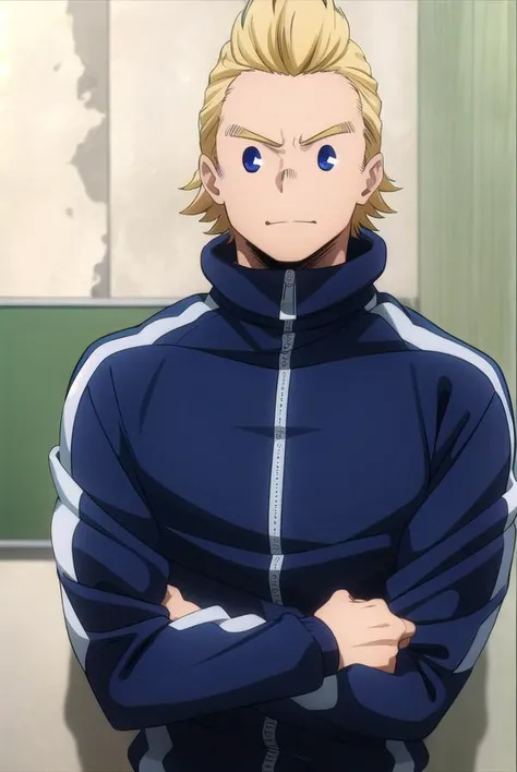 mirio, <lyco:mirio-lyco-nochekaiser:1>,
mirio, short hair, blonde hair, spiked hair,
BREAK jacket, pants, scar, sleeves rolled up, track jacket, track suit, track pants, scar on arm,
BREAK looking at viewer, upper body,
BREAK indoors, classroom,
BREAK <lyc...