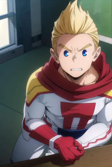 mirio, <lyco:mirio-lyco-nochekaiser:1>,
mirio, short hair, blonde hair, spiked hair,
BREAK gloves, boots, pants, cape, bodysuit, white footwear, red gloves, red cape, blue pants, superhero,
BREAK looking at viewer, upper body,
BREAK indoors, classroom,
BRE...