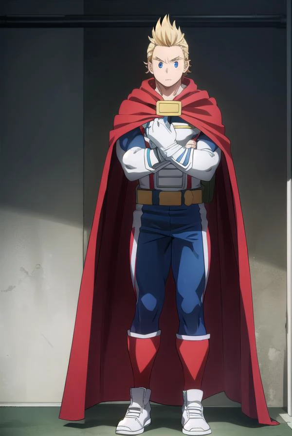 mirio, <lyco:mirio-lyco-nochekaiser:1>,
mirio, short hair, blonde hair, spiked hair,
BREAK gloves, boots, pants, cape, bodysuit, white footwear, red gloves, red cape, blue pants, superhero,
BREAK looking at viewer, upper body,
BREAK indoors, classroom,
BRE...