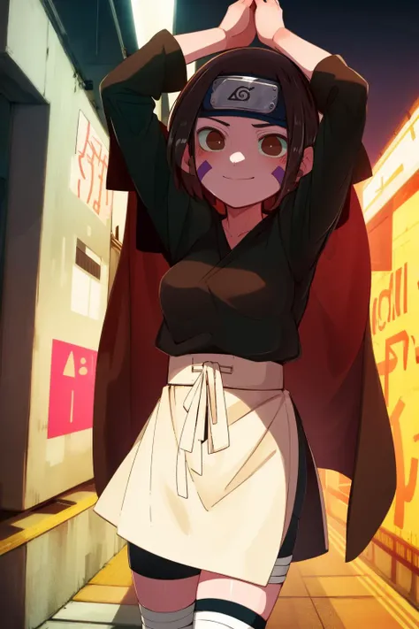 1girl, cowboy shot, nohara rin, brown hair, brown eyes, black kimono, white apron, black shorts, bandages, facial mark, forehead protector, black thighhighs, light smile, closed mouth, arms up, chiaroscuro neon lights, cyberpunk, cyberpunk city, graffiti, ...