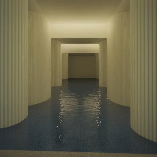 there is a long hallway with a pool in it