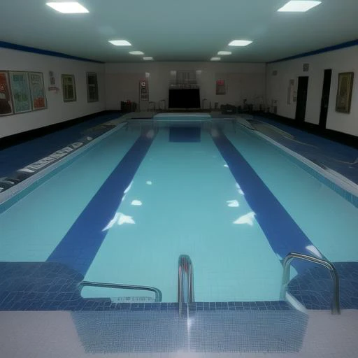 there is a large swimming pool with a blue and white stripe