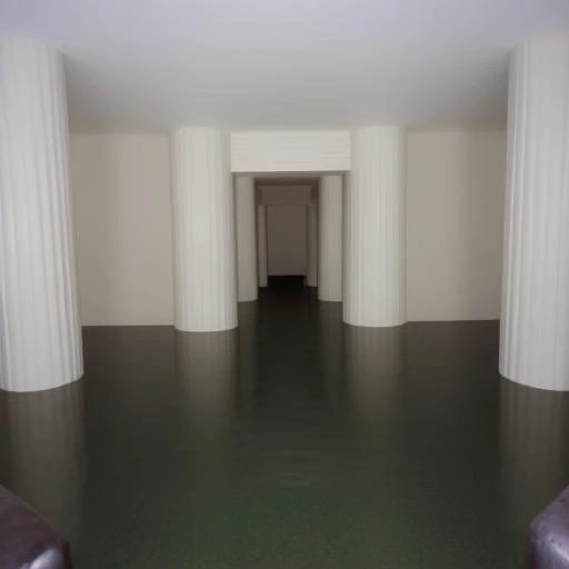 there is a long hallway with a green floor and white walls