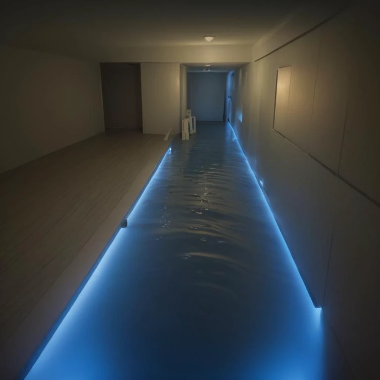 a view of a long hallway with a blue light in the middle