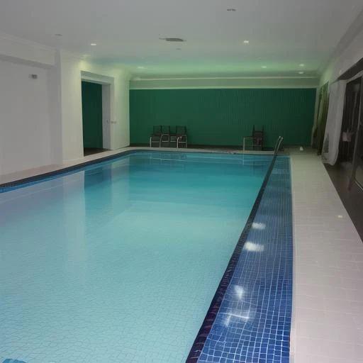 there is a large pool in a large room with a green wall