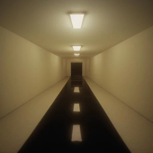 a view of a long hallway with a light at the end