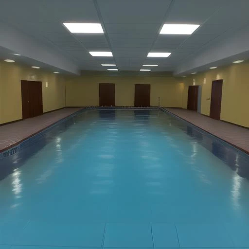 there is a pool in a large room with a tiled floor