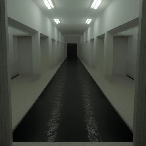 a view of a long hallway with a long black floor