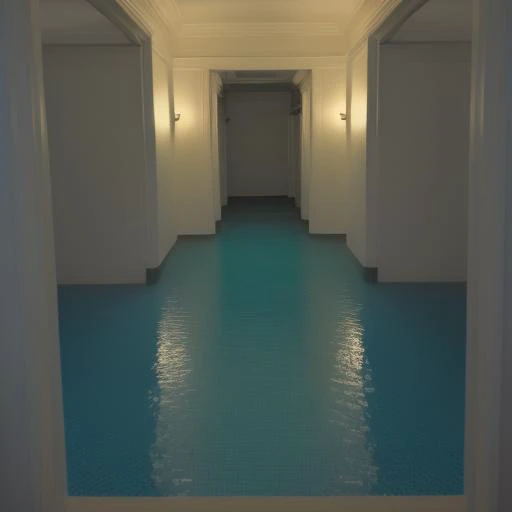 a view of a hallway with a blue floor and a white wall