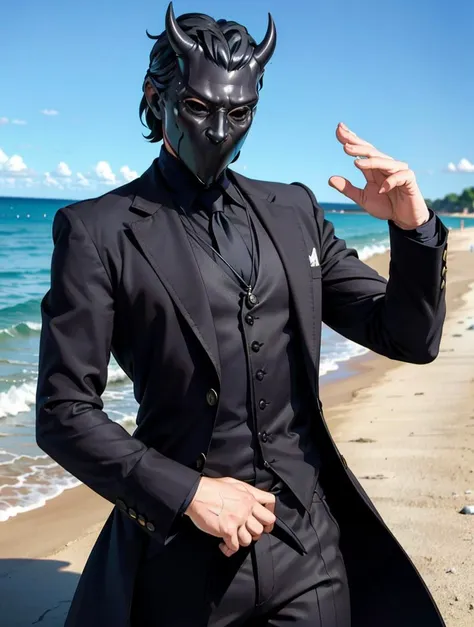 arafed man in a black suit and devil mask on the beach