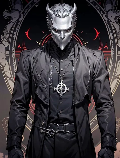 a close up of a person in a black outfit with a horned head