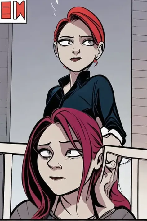 a cartoon of a woman with red hair and glasses on a balcony