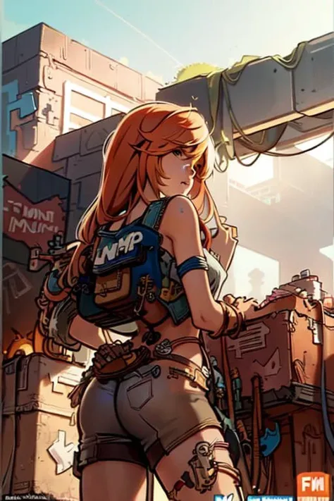 1girl, style-rustmagic, mechanic, workshop, garage, red hair, dirty outfit, grease stains, tools, holding tool, <lora:modernAmericanComics_v10:0.8>, american comics one