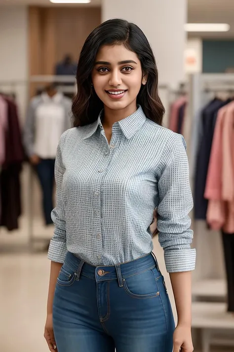 photo of beautiful (priyapvarrier:0.99), a woman, (sfw tight fashion shirt:1.2), (long jeans), in a department store, natural light, (masterpiece:1.2) (photorealistic:1.2) (best quality) (detailed skin:1.2) (intricate details) (8k) (HDR) (cinematic lightin...