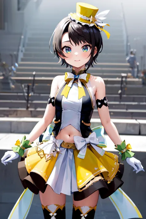 masterpiece, best quality, highres, ddsubaru, short hair, mini top hat, yellow headwear, hololive idol uniform, yellow bowtie, sleeveless shirt, sleeveless, wrist cuffs, white gloves, navel, white bow, layered skirt, white skirt, black thighhighs, <lora:oo...