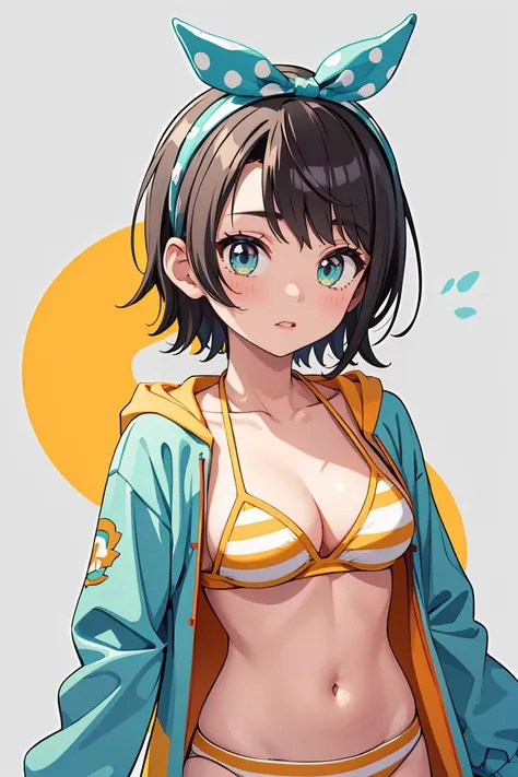 a woman in a bikini and jacket with a blue bow