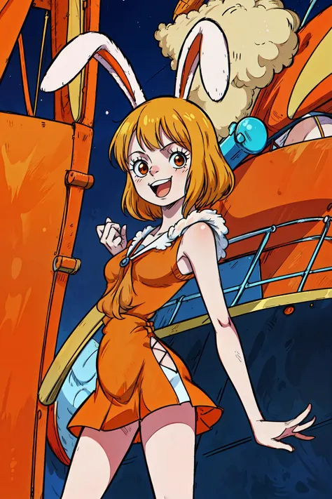 <lora:Carrot_Minx:0.75> carrot_minx, one piece style, anime, flat, 2d, (1girl:1.1), portrait, standing, orange dress, orange miniskirt, furry, rabbit ears, medium blonde hair, white fur, happy, standing on shipdeck,