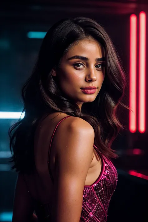 portrait of taylor hill woman, smug , wearing evening gown , with dark red Beachy waves , background cyberpunk city epic (photo, studio lighting, hard light, sony a7, 50 mm, matte skin, pores, colors, hyperdetailed, hyperrealistic)