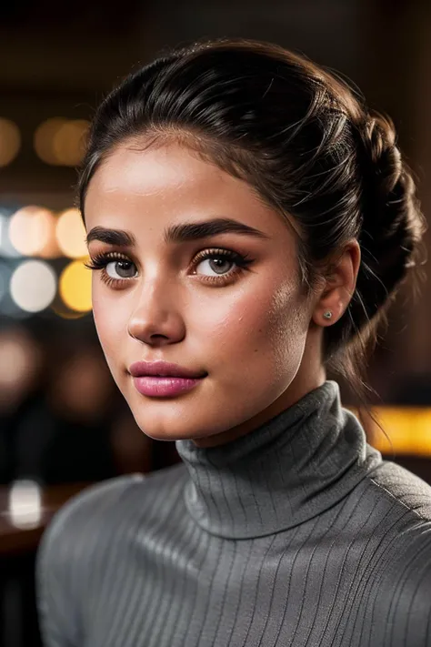 photo of extremely sexy (taylor hill woman:1.09), a woman as a sexy student, closeup portrait upsweep updo, (Templeton Gray tight long sleeve turtleneck top), at a cantina sitting bar (masterpiece:1.5) (photorealistic:1.1) (bokeh) (best quality) (detailed ...