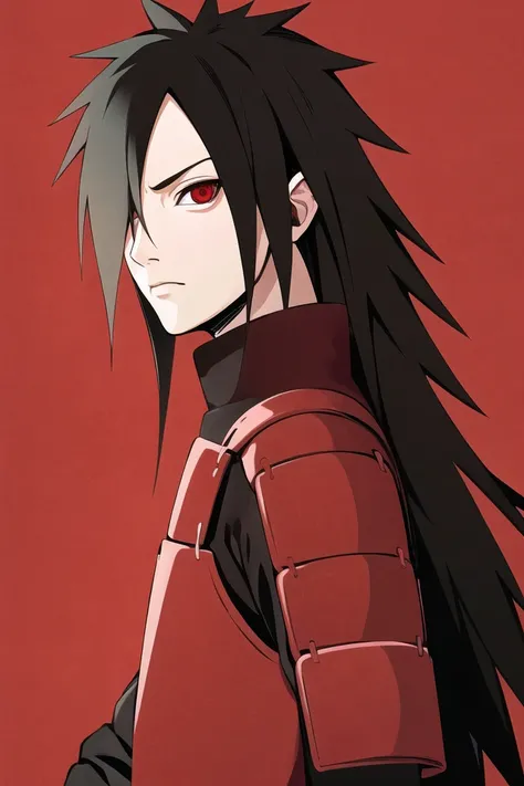 (masterpiece, best quality:1.2),red theme,close-up, red background,(sharingan), cowboy shot, solo, male focus, 1boy, uchiha madara, expressionless, looking at viewer, long hair, hair over one eye, japanese armor, black gloves,<lora:naruto_uchihamadara-10:0...