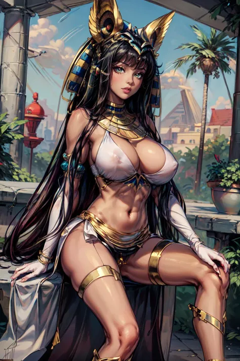 (masterpiece, 8k, 4k, extremely detailed, best quality, absurdres:1.4) nice hands, perfect hands, 1girl,  mature, milf, (huge tits:1.3),<lora:more_details:1>  <lora:Ramesses_v1_Anime:1>ramesses_ii, white pelvic curtain, dark skin, jewelry, sitting on an eg...