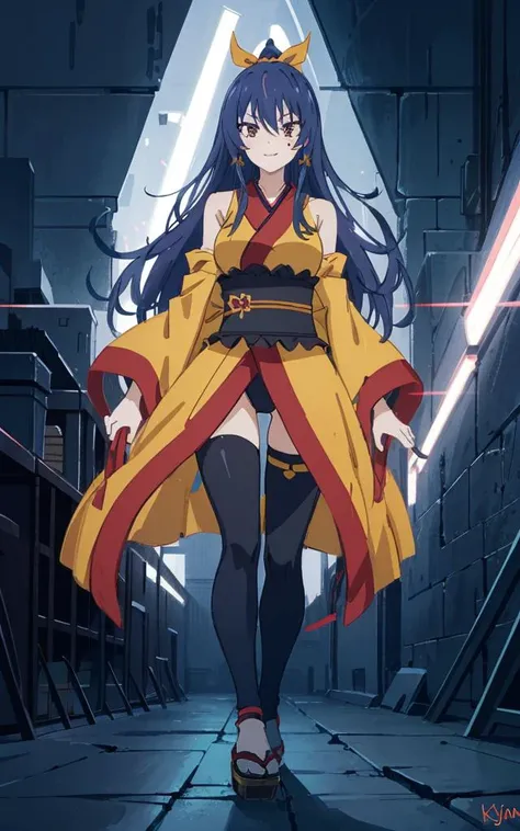 anime, smile, hotsu, a woman, (dark brown eyes), long navy blue hair, (a beauty mark under left eye), high ponytail with a yellow ribbon, a sleeveless yellow-colored kimono with red-colored flower-like designs, loose sleeves around her forearms, a fitted l...