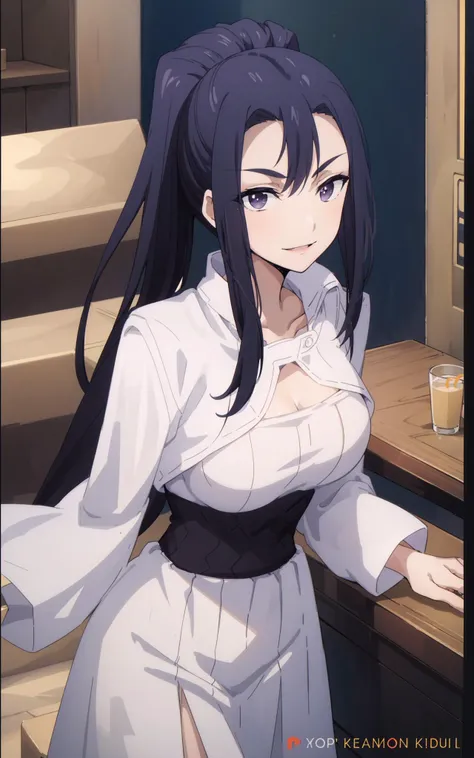 anime, ((medium up)), lixu, a woman with long black ponytail hair, three front hair strands, purple eyes, a white one-piece outfit, a black waistband, smiling, at the bar, 8k, Unreal Engine 5, octane render, by kyun, gamang, Yoon Gon-Ji, g.ho, gosonjak, sh...