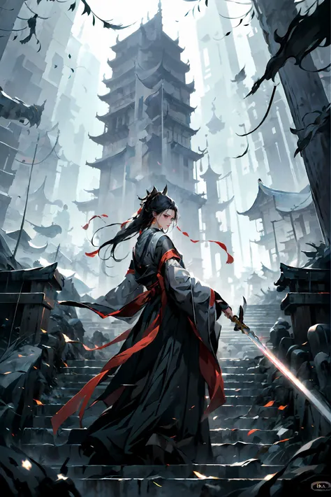 (dramatic, gritty, intense:1.4), masterpiece, best quality, 8k, insane details, intricate details, hyperdetailed, hyper quality, high detail, ultra detailed, Masterpiece, 1girl, solo, hanfu, dress, red ribbon, jewelry, wind, long sleeves, long hair, hair o...