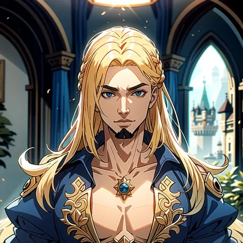 ((masterpiece), best quality, high quality, professional quality, highly detailed, highres, perfect lighting, natural lighting), (1boy, slender, handsome, goatee, medium length hair, blonde hair), wearing fantasy clothing, fighting, in a castle