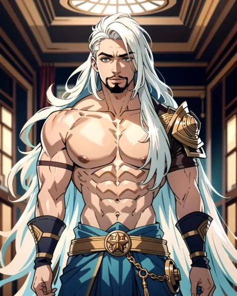 ((masterpiece), best quality, high quality, professional quality, highly detailed, highres, perfect lighting, natural lighting), (1boy, muscular, handsome, goatee, long hair, white hair), wearing fantasy clothing, casting a spell, on a battlefield