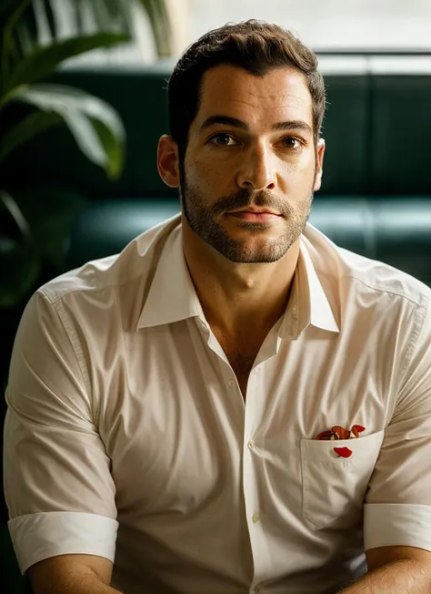 arafed man in a white shirt sitting on a green couch