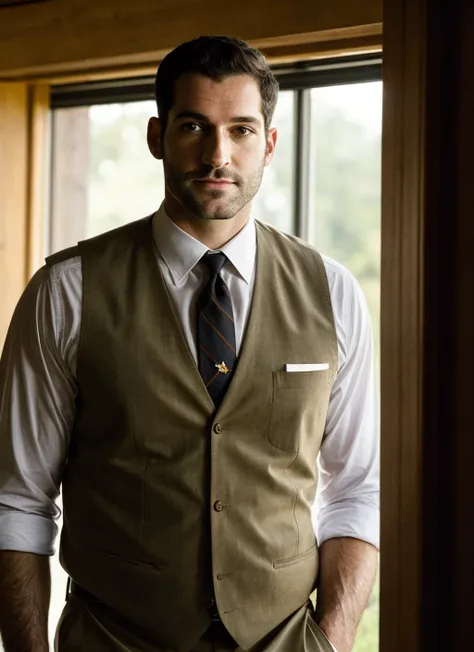 arafed man in a vest and tie standing in front of a window