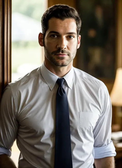 arafed man in a white shirt and blue tie leaning against a wall