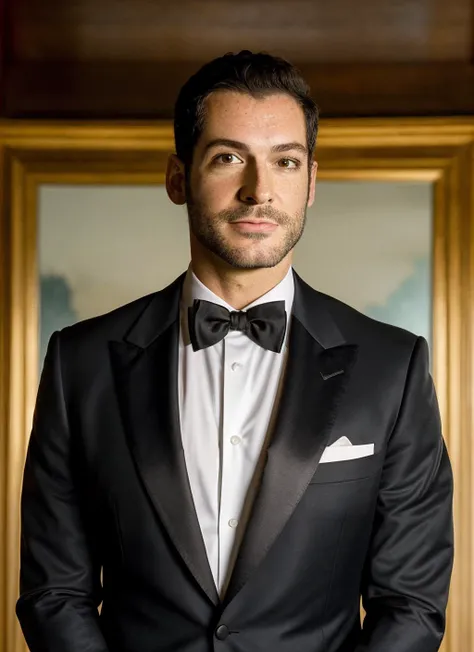 arafed man in a tuxedo and bow tie standing in front of a painting