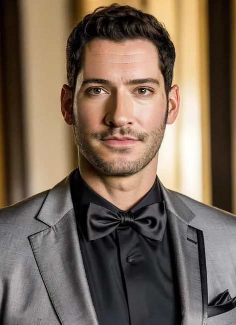 a close up of a man in a suit and bow tie