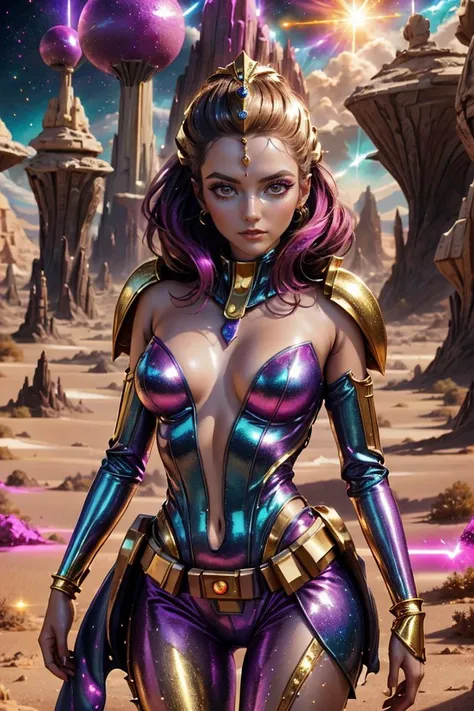 scene from an animated star wars show, glitter and gold alien princess on a desert planet, gaunt, spiked, claws, stormy sky, crystal formations, energy discharges  <lora:Glitter_and_Chrome:1> <lora:add_detail:0.15>