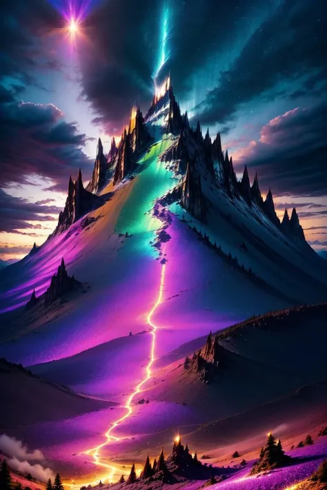 a mountain with a rainbow light streaks down it